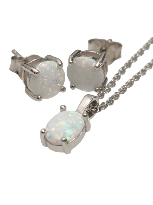 925 Sterling Silver Lab Opal Pendant Jewelry Set 18" - The Vanessa