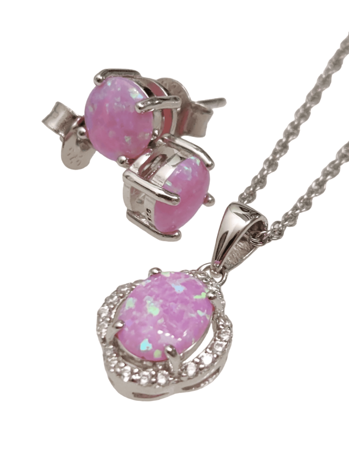 925 Sterling Silver Pink Lab Opal Oval Halo Pendant Jewelry Set 18" - The Rebecca