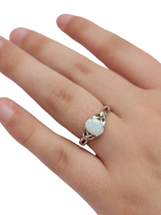 925 Sterling Silver Oval Celtic White Lab Opal Ring - The Emma