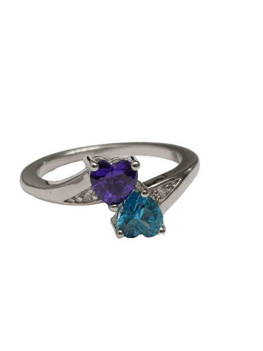 925 Sterling Silver Double Heart Amethyst & Blue Topaz CZ Ring - The Vondra
