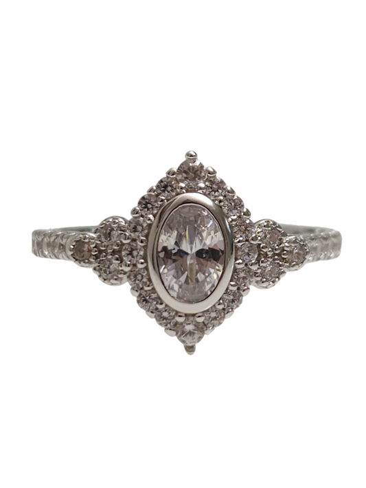 925 Sterling Silver 1 Carat Victorian Oval Marquise Halo Round Cut Clear Ring - The Maudie